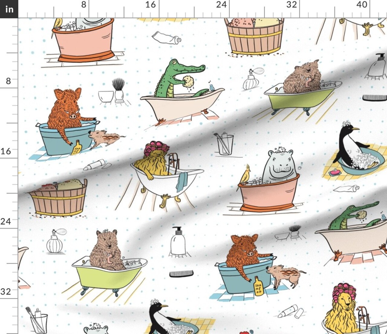 Animal Bath Time Whimsical Cute Kids Bathtub Custom Printed Fabric by Spoonflower Various Fabrics by the Yard or Fat Quarter